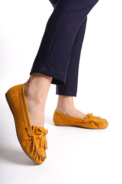 Budi Ps-100 Mustard Suede Tasseled Daily Women's Ballerinas