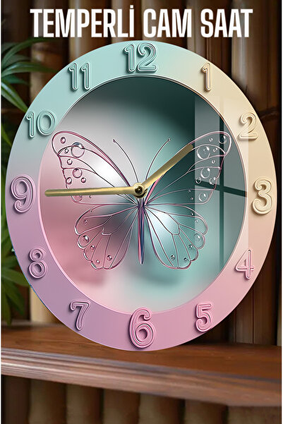 kutuTR Pastel Renkli Kelebek Desenli 3D Görünümlü Temperli Cam Saat – 33 cm C...