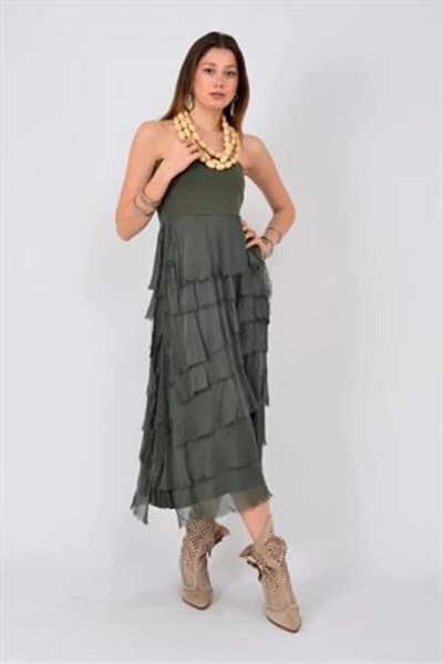 EREN STYLE Italian Size 2 Slimming Half Sleeve Layered Silk Skirt & Strapless Dress