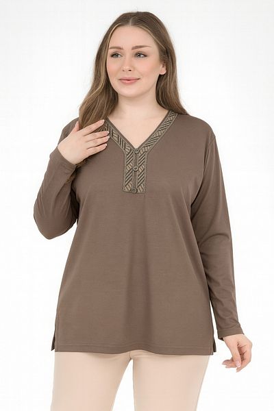 Ravencia Women's Middle Age and Above V-Neck Patterned Slit Mink Mother Combed Cotton Blouse