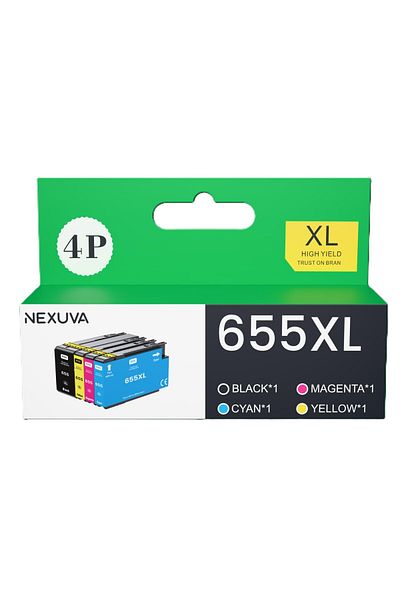 Nexuva 655XL Ink 4-Pack for HP DeskJet 3525, 4615, 4625, 5525, 6525 – Black, Cyan, Magenta, Yellow