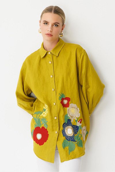 Ghisa Embroidered Linen Tunic Mustard