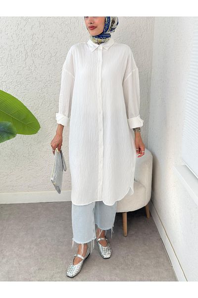 Modamorfo Oval Cut Karash Long Casual Tunic -White