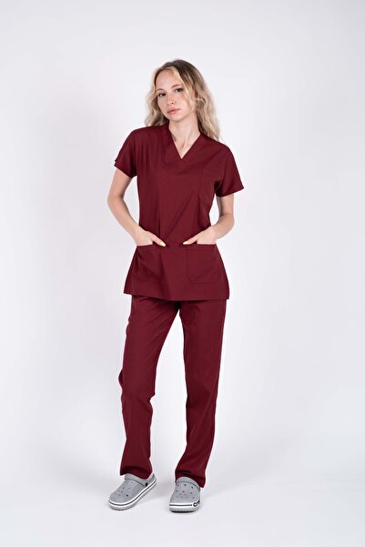 ACAR İŞ TEX Burgundy Lycra Women's Nurse and Doctor Uniform Set Scrubs Hospit...