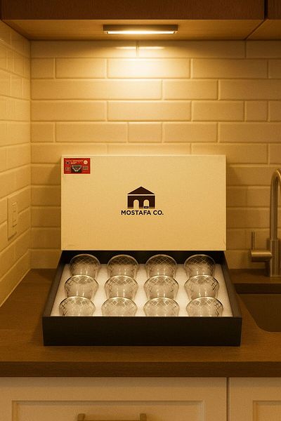 MOSTAFA 12-piece glass coffee cup set with silver and gold pattern
