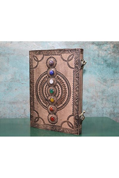 Kuzey Tacı Handmade Leather Notebook with 7 Chakra Stones – Mandala Pattern and Locked Vip
