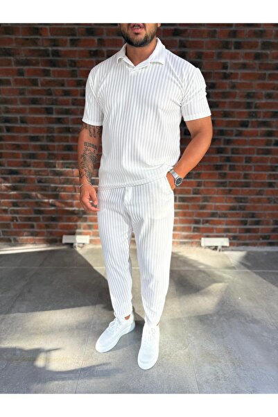 Combineman35 Men's Striped Polo Neck T-Shirt and Pants Combination