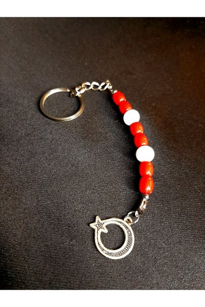 MRYart Red White Beaded Moon Star Detailed Keychain / Bag Accessory