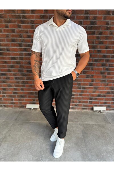 Combineman35 Men's Striped Polo Neck T-Shirt and Pants Combination