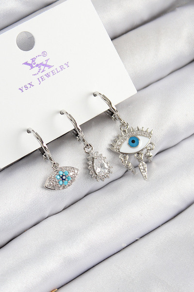 Clariss Brass Zircon Stone 3-Piece Fatma's Eye Model Silver Color Women's Earrings