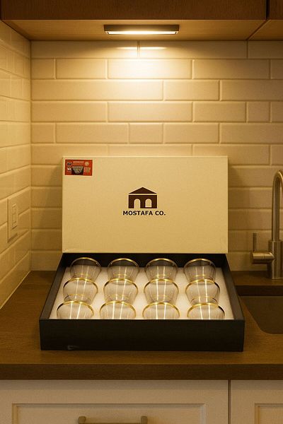 MOSTAFA 12-piece glass coffee cup set with a golden pattern