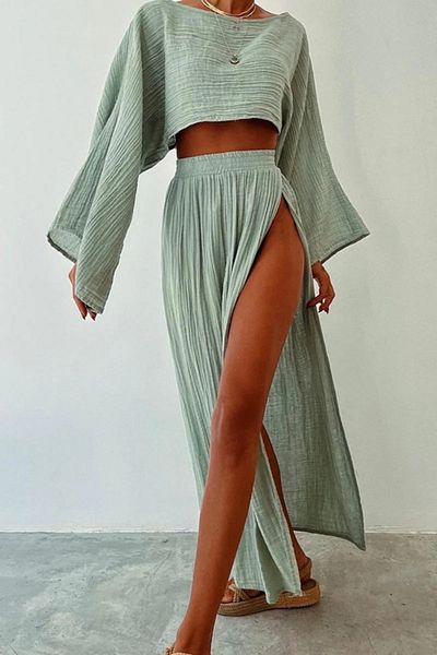 Baby xclub Women's 100% Cotton Muslin Summer Beach Set – Crop Top and High Slit Maxi Skirt Set of Two