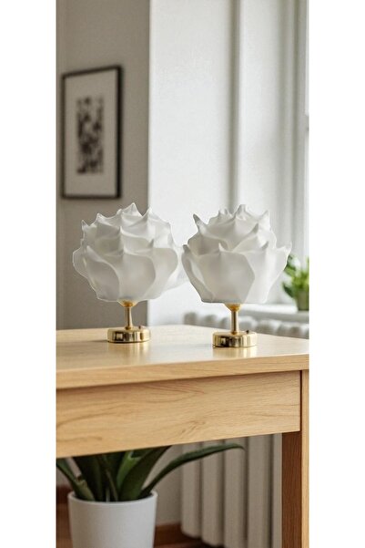 PearlHome 2'li Beyaz EVA Gül Tasarım Kablosuz Masa Lambası – Parlak Altın, De...