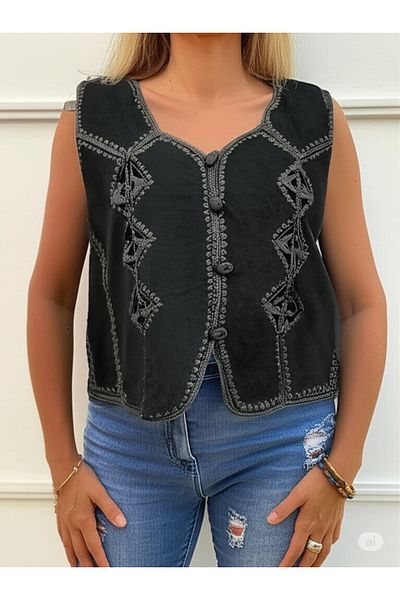 DHDmoda Women's Suede Buttoned Vest with Embroidery Detail