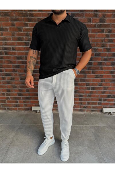 Combineman35 Men's Striped Polo Neck T-Shirt and Pants Combination