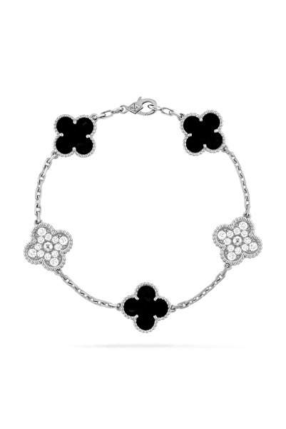 D&D Dora&Dora &    Vintage Alhambra Bileklik, 5 Motif Yonca Beyaz - Siyah, On...