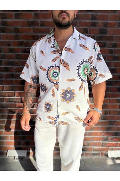 Baycombine35 Men's Hawaiian Style Floral Patterned Summer Linen Shirt
