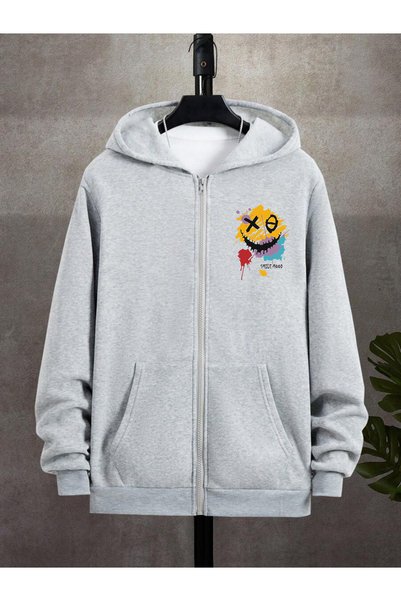 Deep sense Men's Gray Hooded Zippered Oversize Sweatshirt Winter School Cardigan Hooded Printed