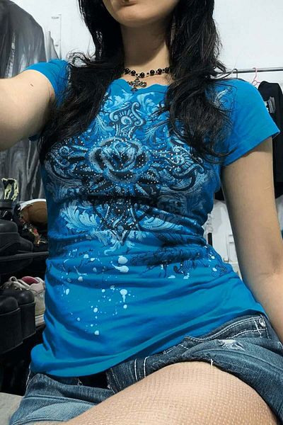 Karakedi Harajuku Gothic Punk Wings Blue Rose Short Sleeve Bodysuit