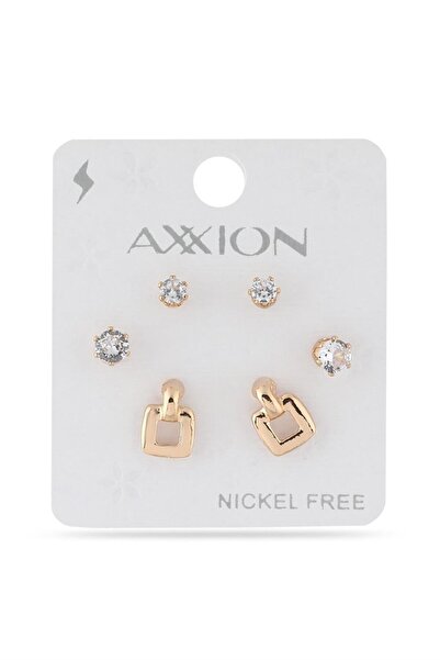 AXXION Altın Renk Üçlü Küpe Seti – Taşlı ve Kare Halkalı Bijuteri Küpeler