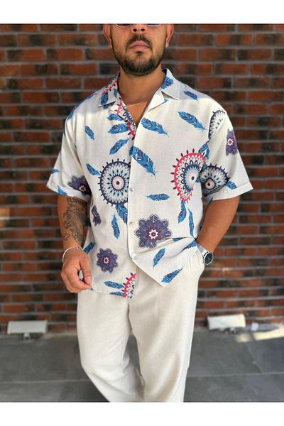 Baycombine35 Men's Hawaiian Style Floral Patterned Summer Linen Shirt