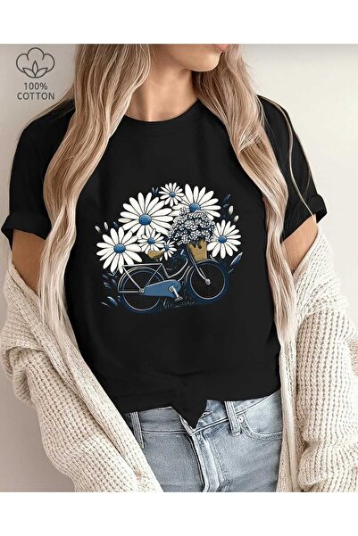 özcstore Γυναικεία/Κοριτσίστικα Μπλουζάκια με Σχέδιο Ποδηλάτου και Μαργαρίτας