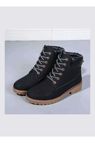 Generic Lace-Up Low Heel Ankle Boots Black