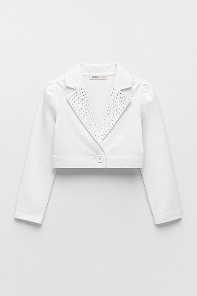 Magu Girls' Cotton White Stone Detailed Crop Jacket - Stylish and Modern