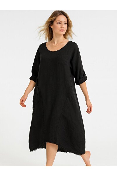 Butik İtalyan Keten Dikiş Detaylı Elbise - SİYAH