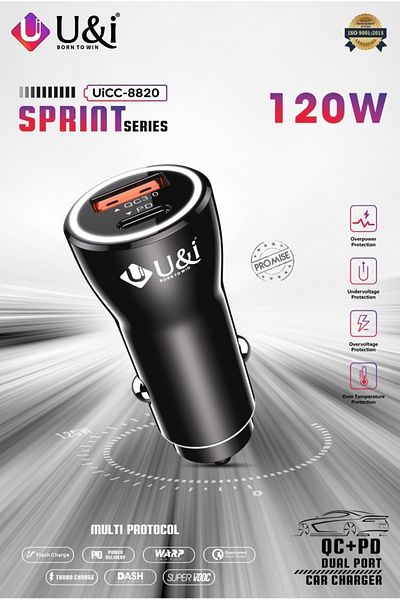 U & I Born To Win U&I Dual USB & Type-C Port Car Charger Black