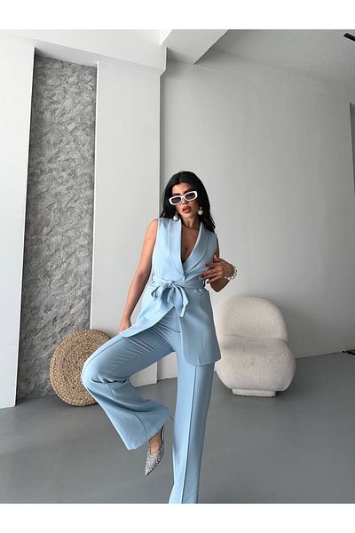 spirituel Women's Double Bottom Top Set Stylish Belted Pocket Detailed Vest Pants Set