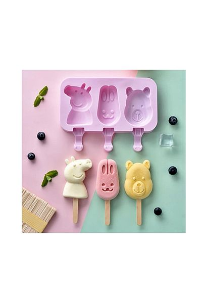 BV Silicone ice cream mold, Peppa, Bear, Rabbit 3 cavities with silicone lid, Purple, 19 cm, 409COF