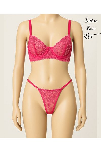 İntive Lingerie Milena Candy Pink Adjustable Back Branch Flower Patterned Bra String Suit - Limited