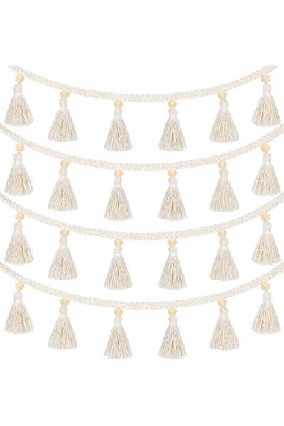 Generic KASTWAVE 4 Pcs Macrame Woven Tassel Garland, Hanging Tassel Fringe Garland Banner Basket Decorative