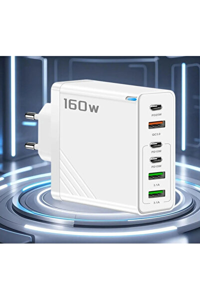 CNF 160W 6in1 Hızlı Şarj Adaptörü | 6 Port USB-C & USB-A | iOS Android Laptop Tablet Uyumlu