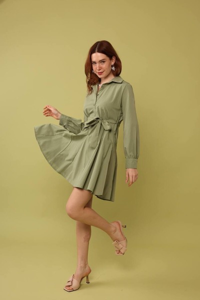 Chef d'atelier Γυναικεία Φούστα Χακί Πλισέ Κοντό Φόρεμα με Ζώνη στη μέση