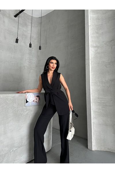 spirituel Women's Double Bottom Top Set Stylish Belted Pocket Detailed Vest Pants Set