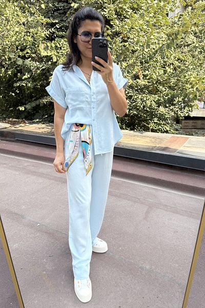 Suzi Blue Color 100% Cotton Short Sleeve Shirt Pants Set 1004