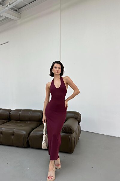 mylove فستان طويل بياقة على شكل حرف V باللون العنابي