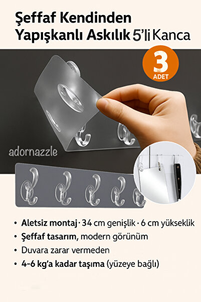 adornazzle 3'lü Güçlü Yapışkanlı Şeffaf Duvar Askısı, Banyo Askısı, Kapı Askı...