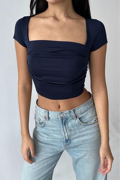 Edela Square Neck Half Sleeve Gathered Navy Blue Crop Blouse 5010