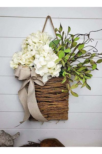 Generic SYOSI Cream Hydrangea Door Hanger Basket Wreath Wildflowe Hanging Basket Wreath Wall Wreath Basket