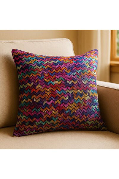 Elyona Renkli Zigzag Desenli Kırlent Kılıfı - Duck Kumaş Dekoratif Yastık Kılıfı