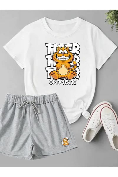 makiteks Set of 2 Solid Color Women's Regular Shorts and Tshirt T-Shirt Cat