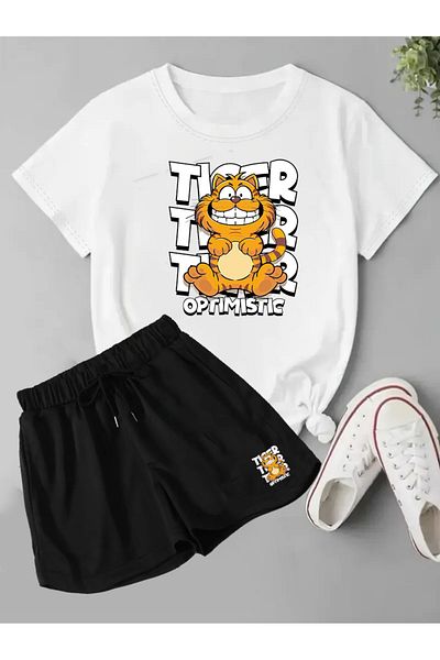 makiteks Set of 2 Solid Color Women's Regular Shorts and Tshirt T-Shirt Cat