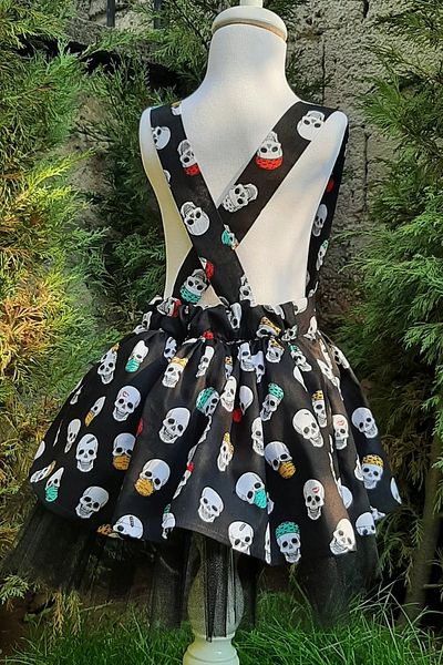 Shecco Babba Skull Pattern Tutu Salopet Dress and Headband – Ages 1-10, Halloween Themed