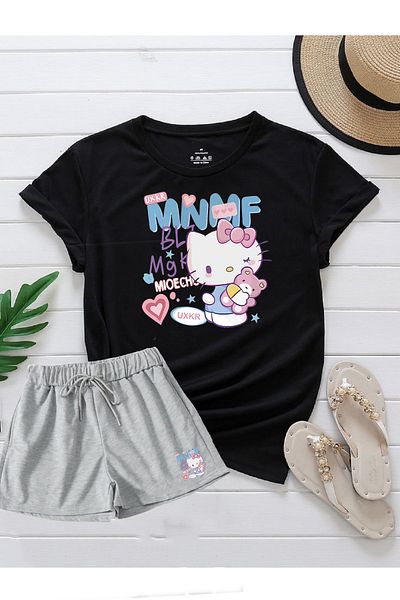 makiteks Set of 2 Solid Color Women's Regular Shorts and Tshirt T-Shirt Kitty