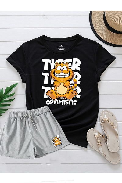 makiteks Set of 2 Solid Color Women's Regular Shorts and Tshirt T-Shirt Cat