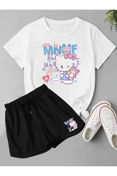 makiteks Set of 2 Solid Color Women's Regular Shorts and Tshirt T-Shirt Kitty