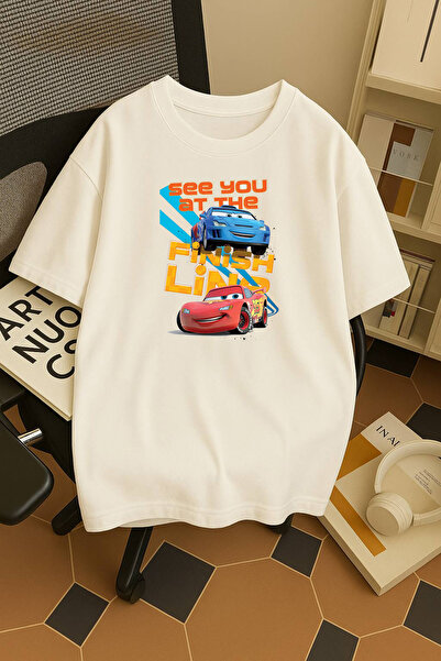 Ovroni Unisex Erkek/Kadın Şimşek McQueen Finish Baskılı Oversize Pamuklu T-Shirt